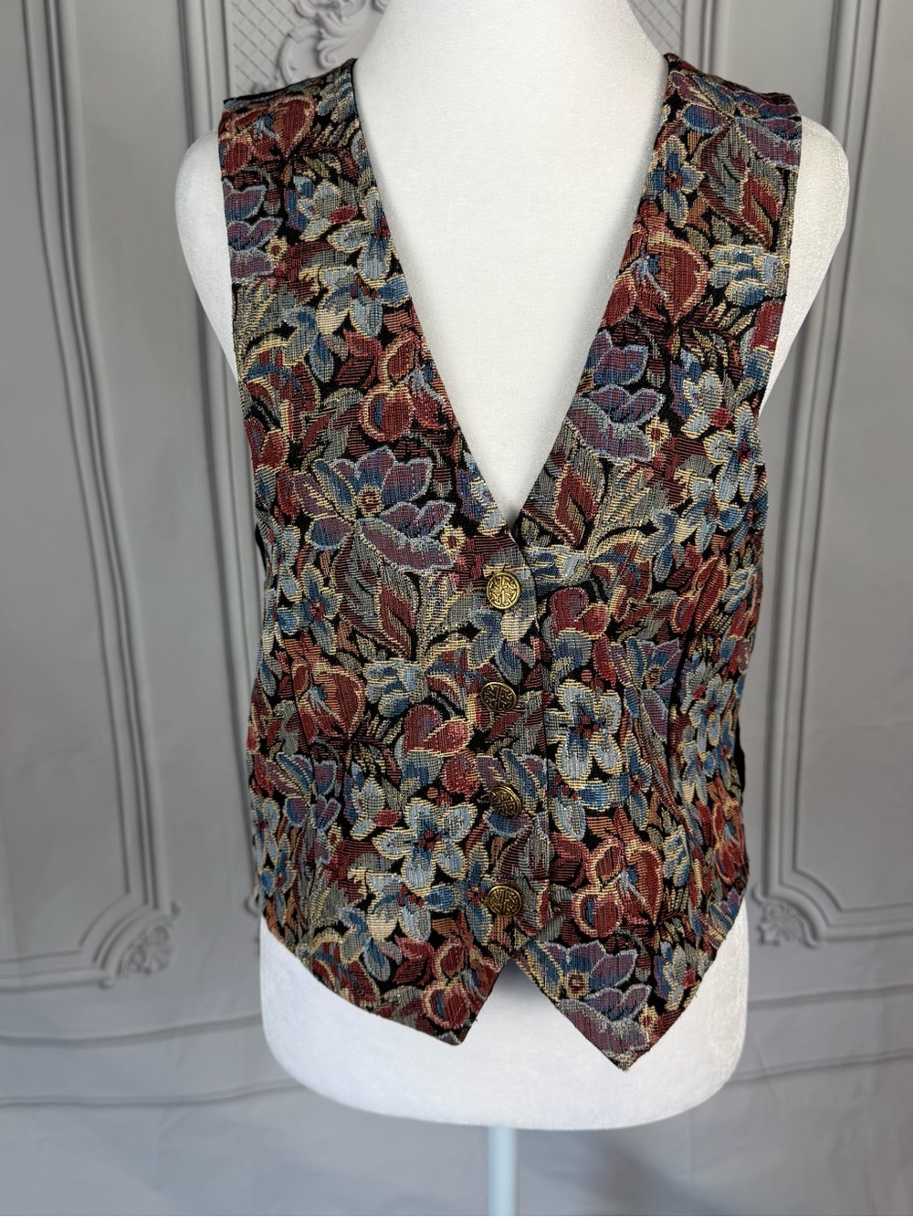 Vintage Aztec Two Step Tapestry Vest Women’s M Floral Brocade Button Front Boho